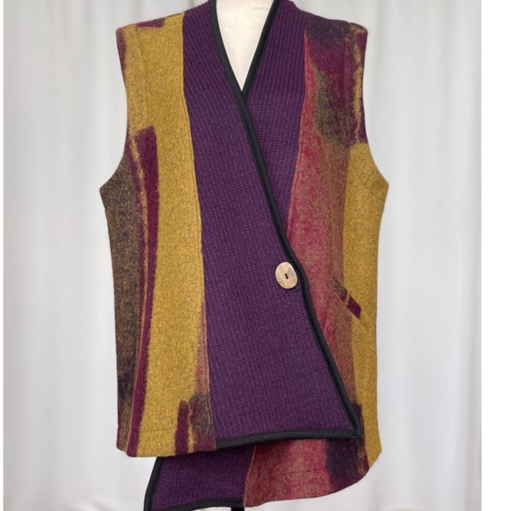 Art of Cloth Wool Women's Long Vest Size 1X Color Block Asymmetrical Purple